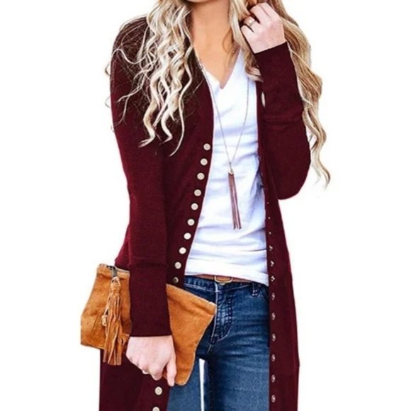 Merokeety Sweaters - MEROKEETY Burgundy Long Gold Snap Cardigan Sweater Size M